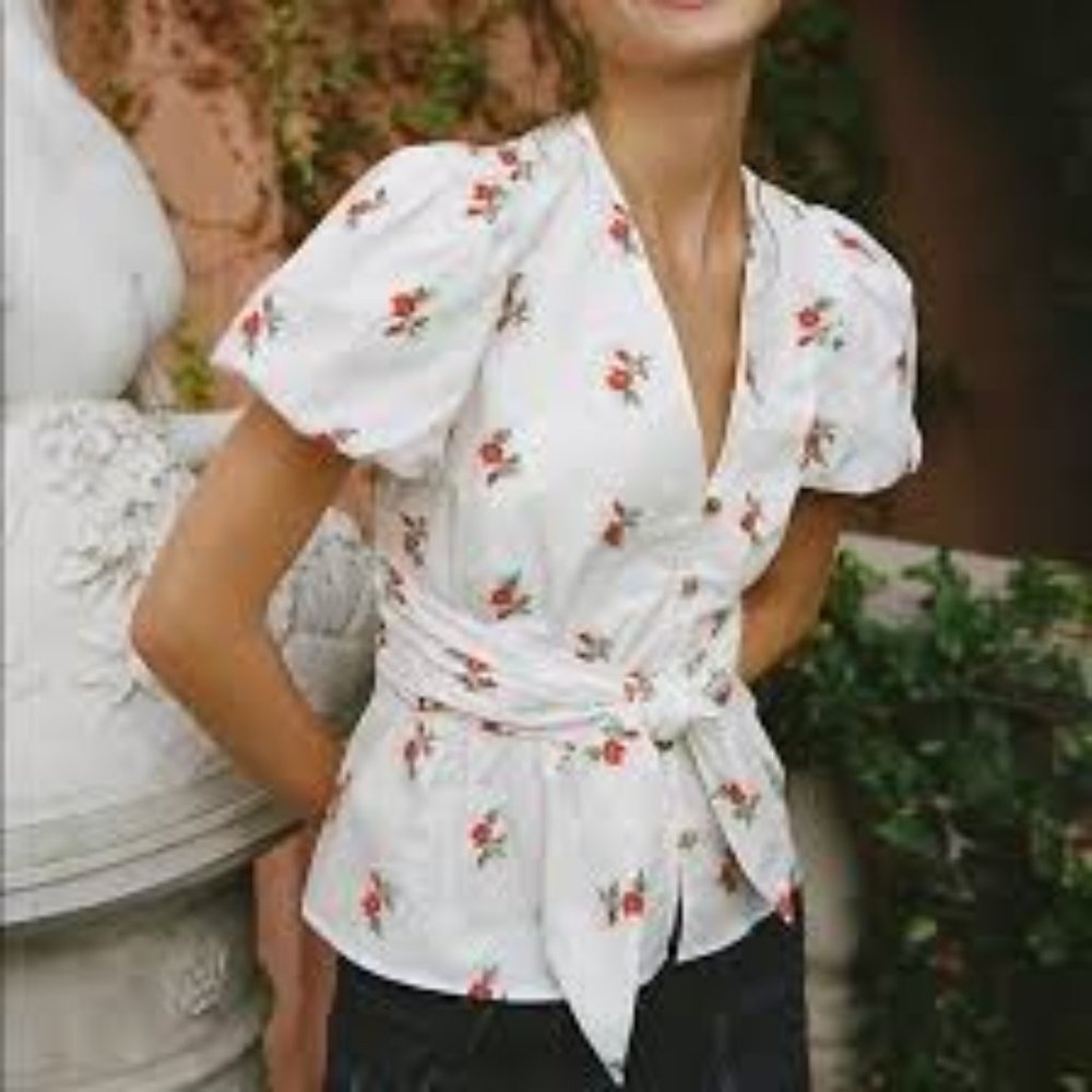 Anthropologie Rose Floral White Puff Sleeve Top with Waist Tie